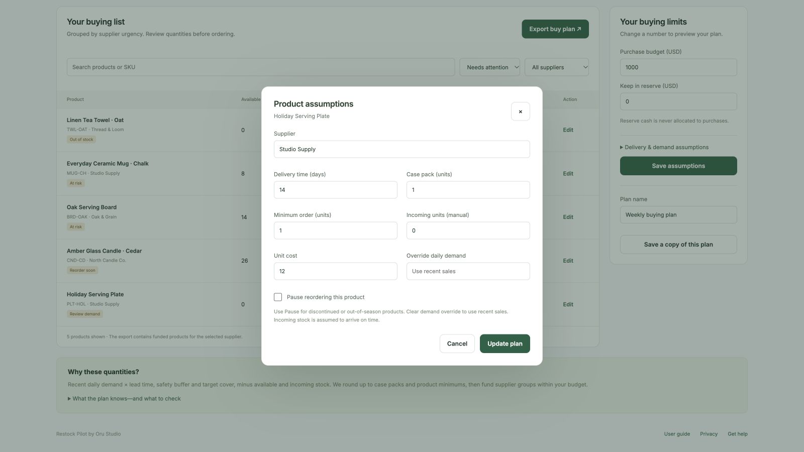 Product assumptions editor