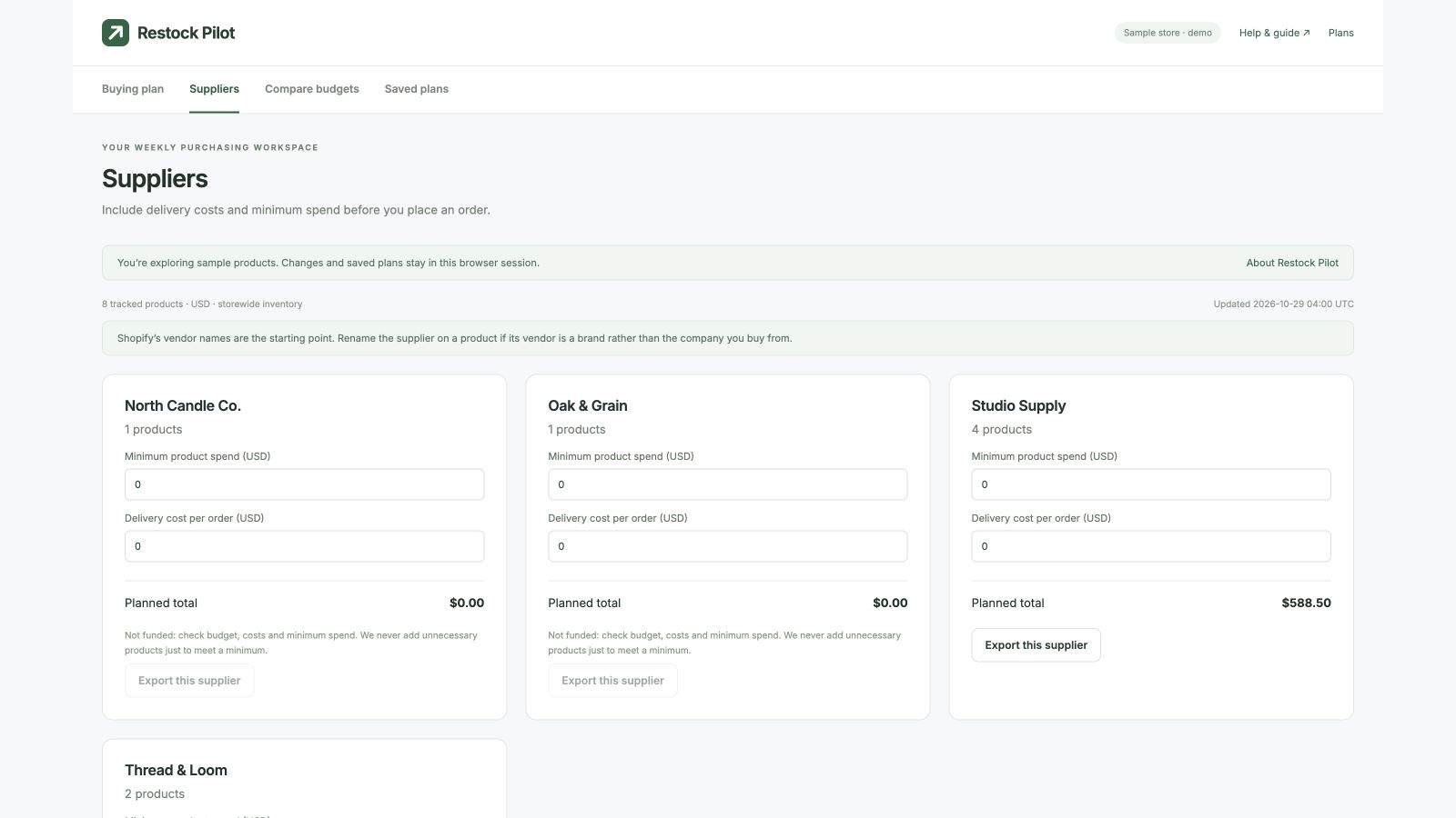 Supplier minimum spend and delivery costs